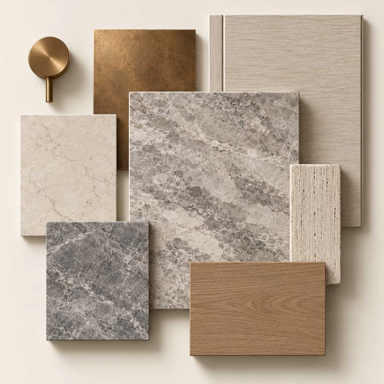 Materiaalstudie met steen, hout en messing