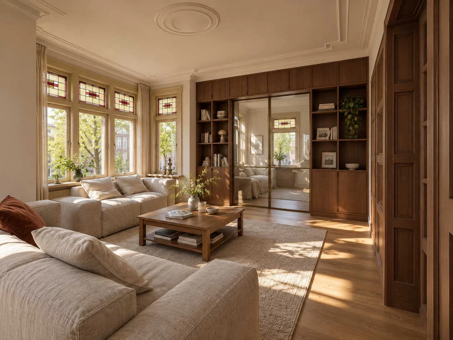 Woonkamer met houten wandbekleding bij Legro
